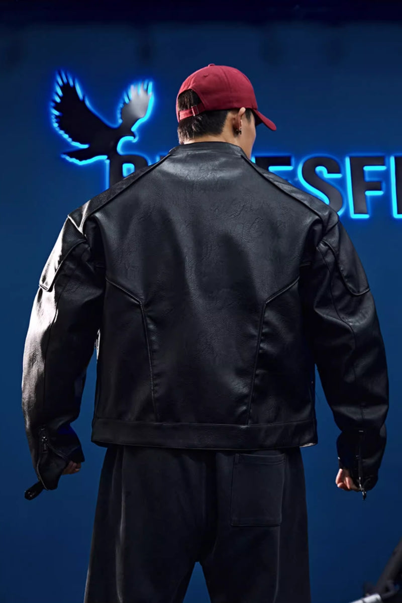 Collarless zipper faux leather jacket #BF039