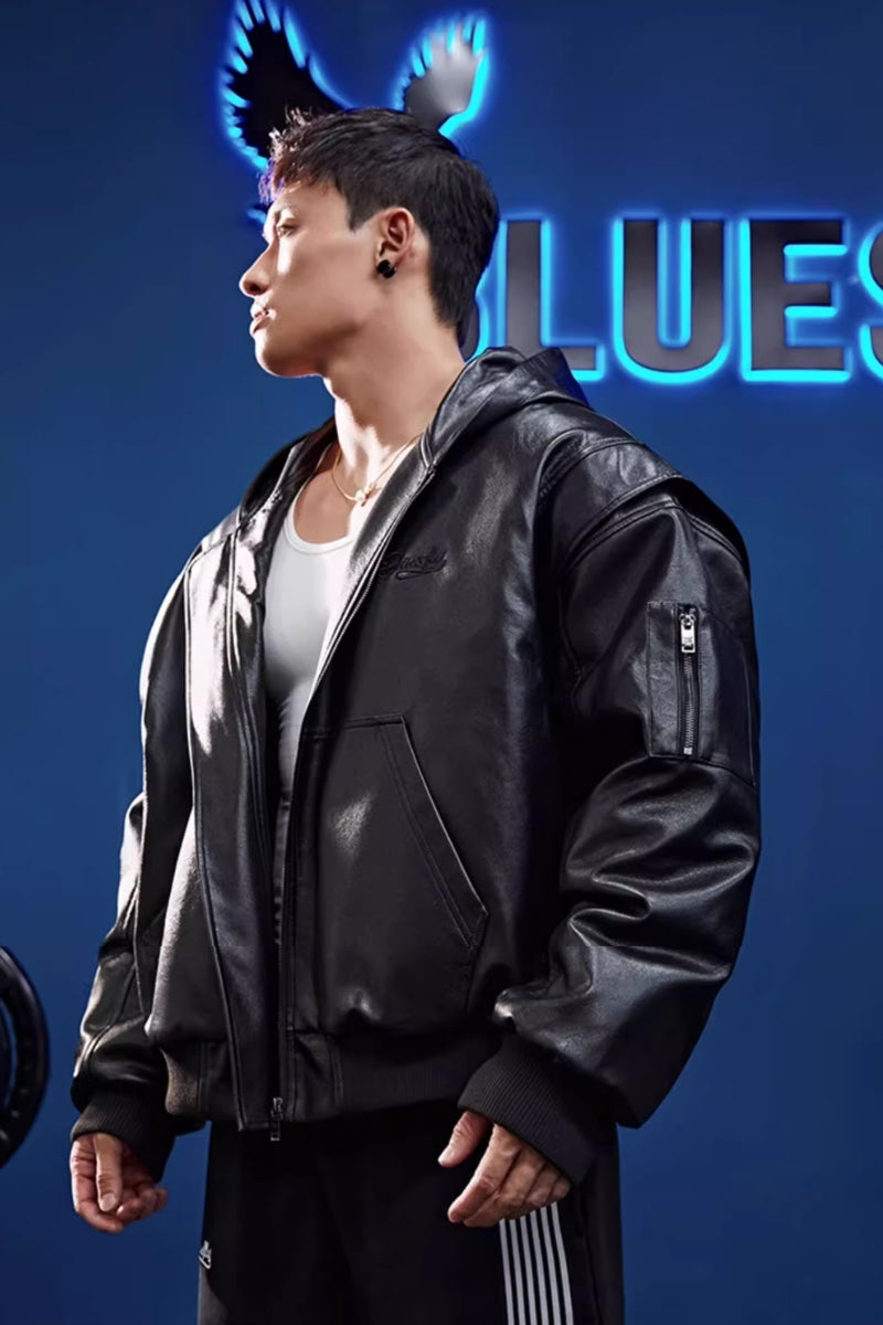 Retro hooded faux leather jacket #BF025