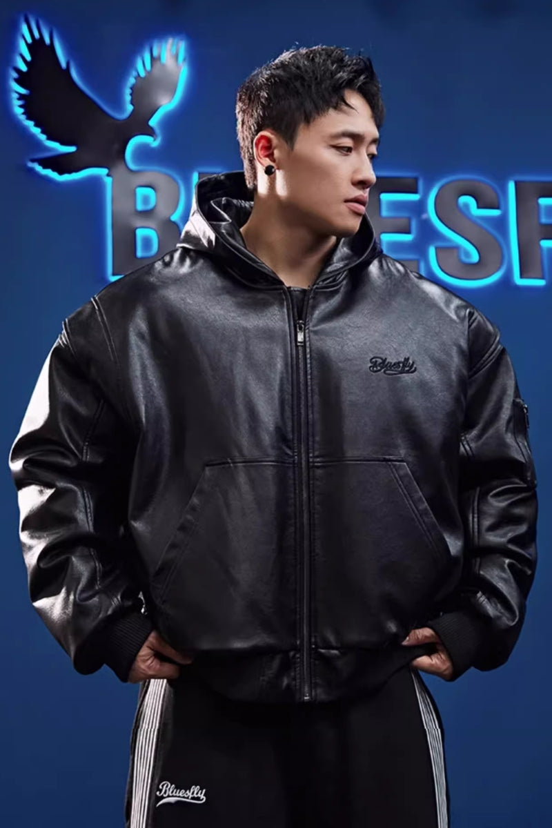 Retro hooded faux leather jacket #BF025