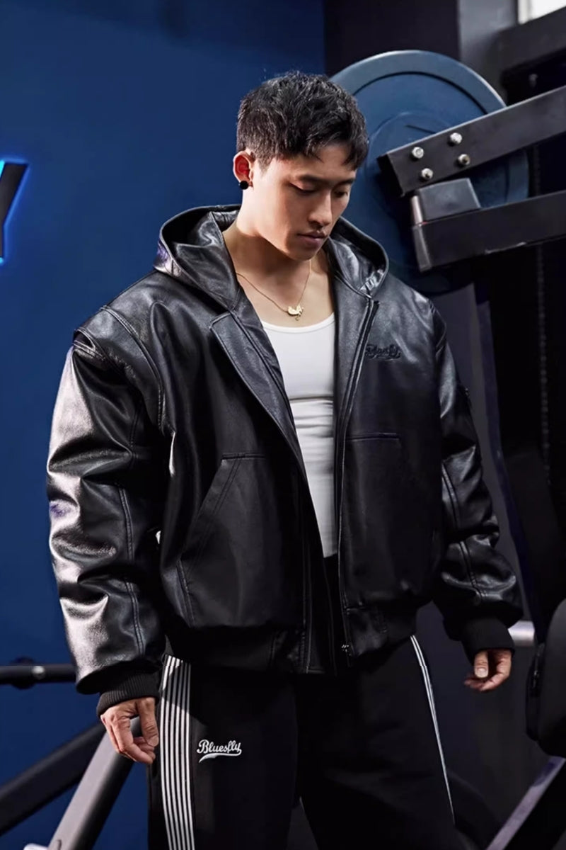 Retro hooded faux leather jacket #BF025