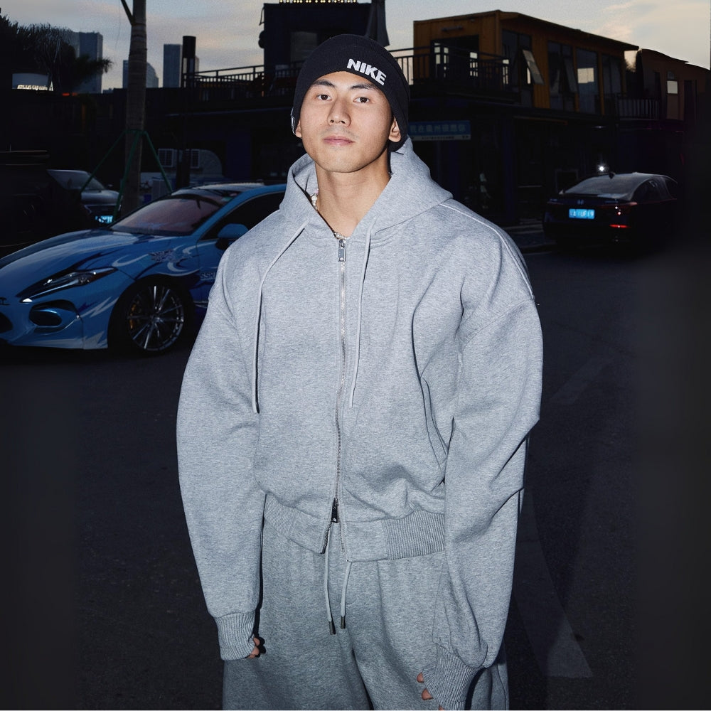 Cropped Double Zipper Hoodie And Wide-Leg Sweatpants #PM001