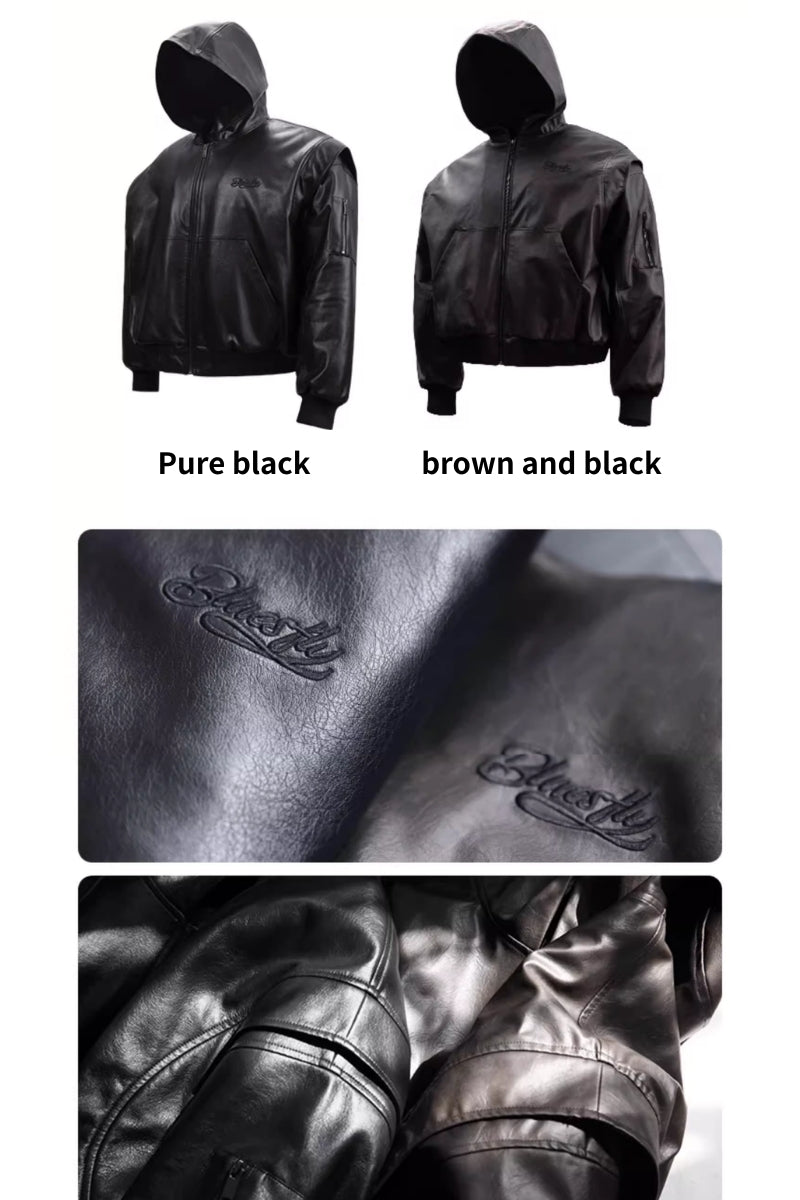 Retro hooded faux leather jacket #BF025