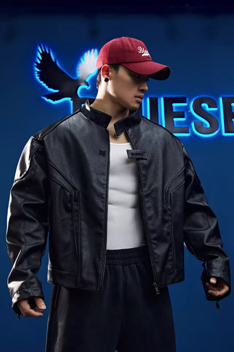 Collarless zipper faux leather jacket #BF039
