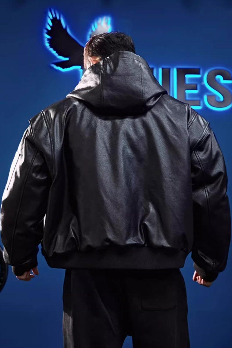 Retro hooded faux leather jacket #BF025