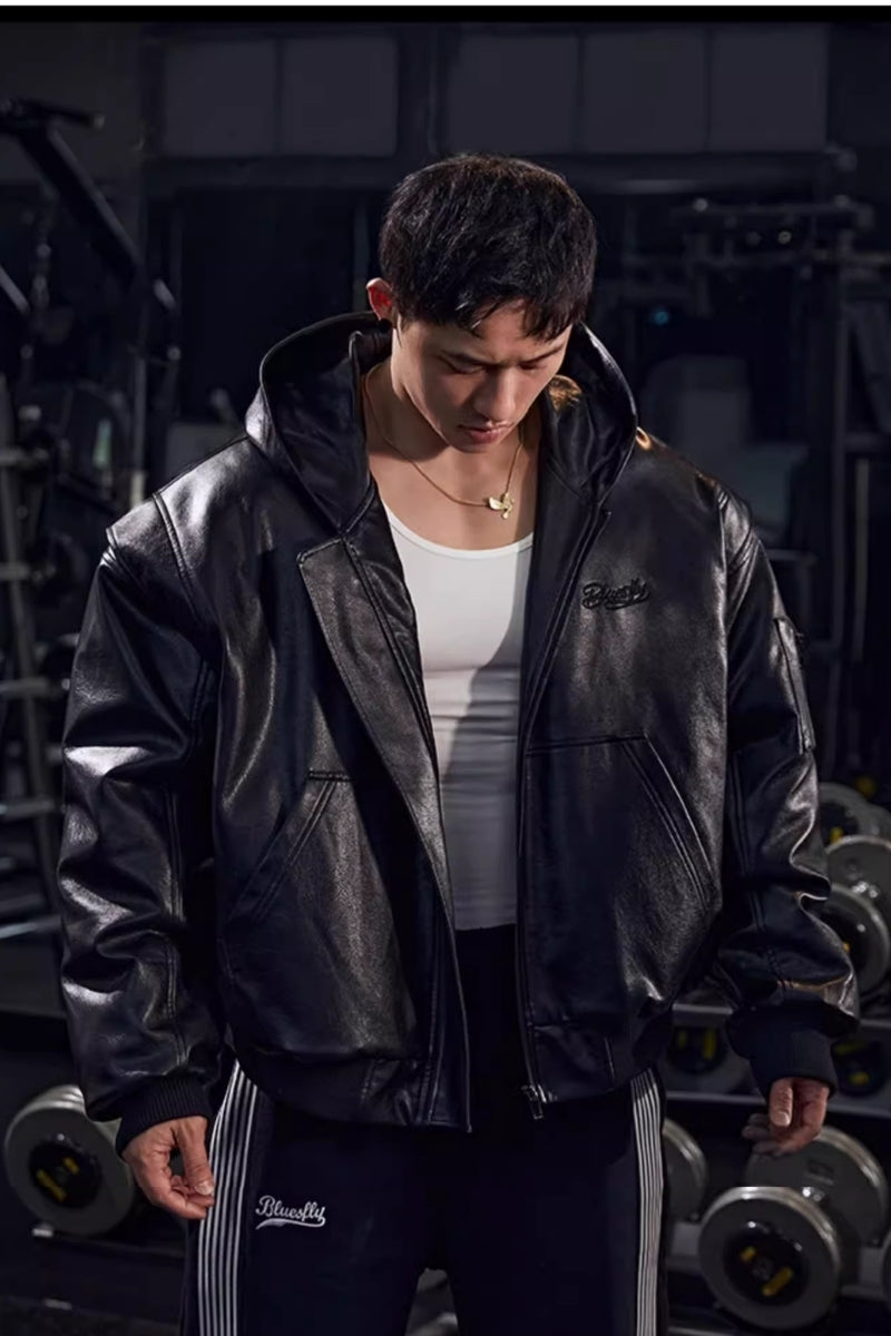 Retro hooded faux leather jacket #BF025