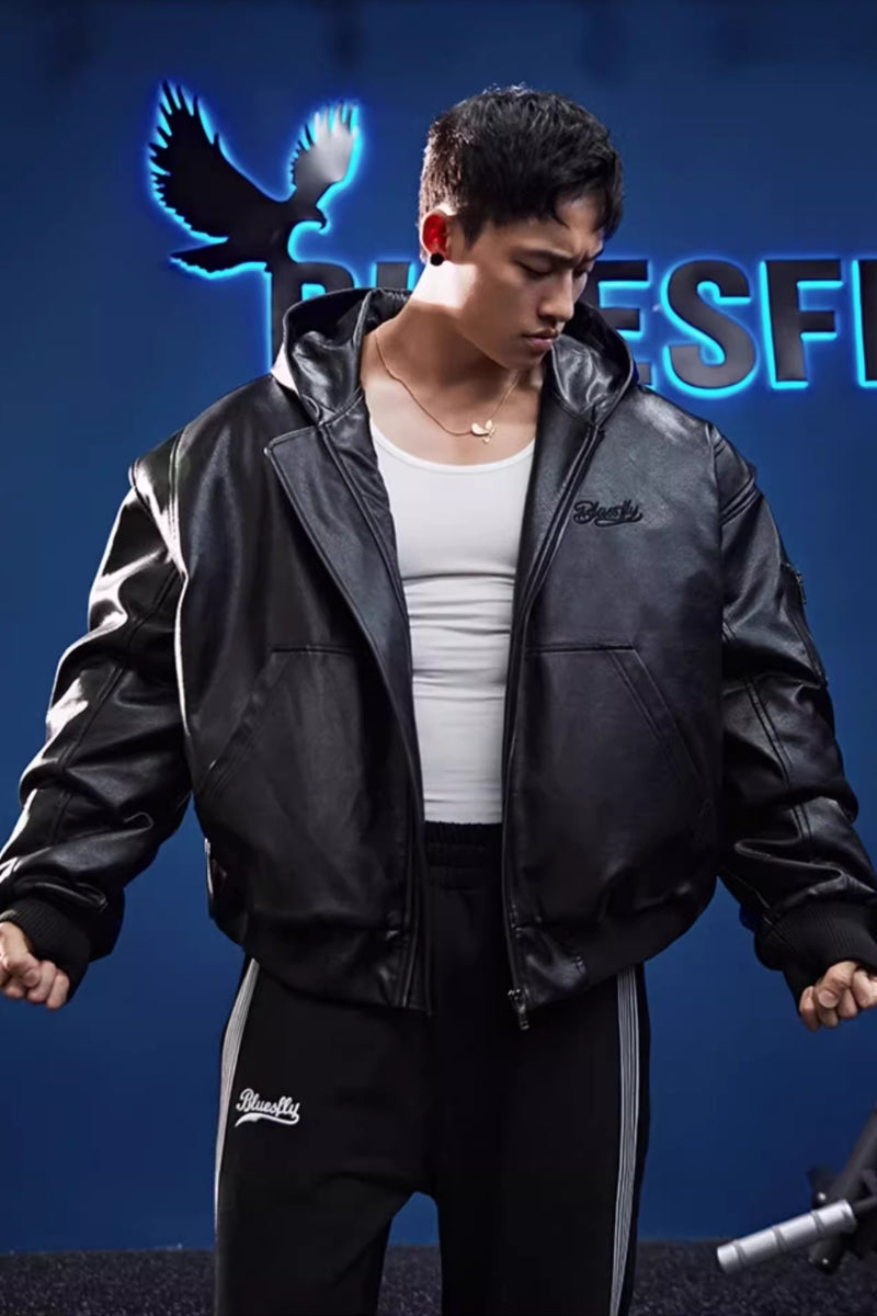 Retro hooded faux leather jacket #BF025