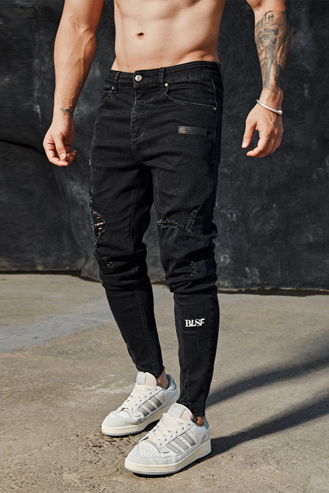 Distressed fitness black jeans #BF068