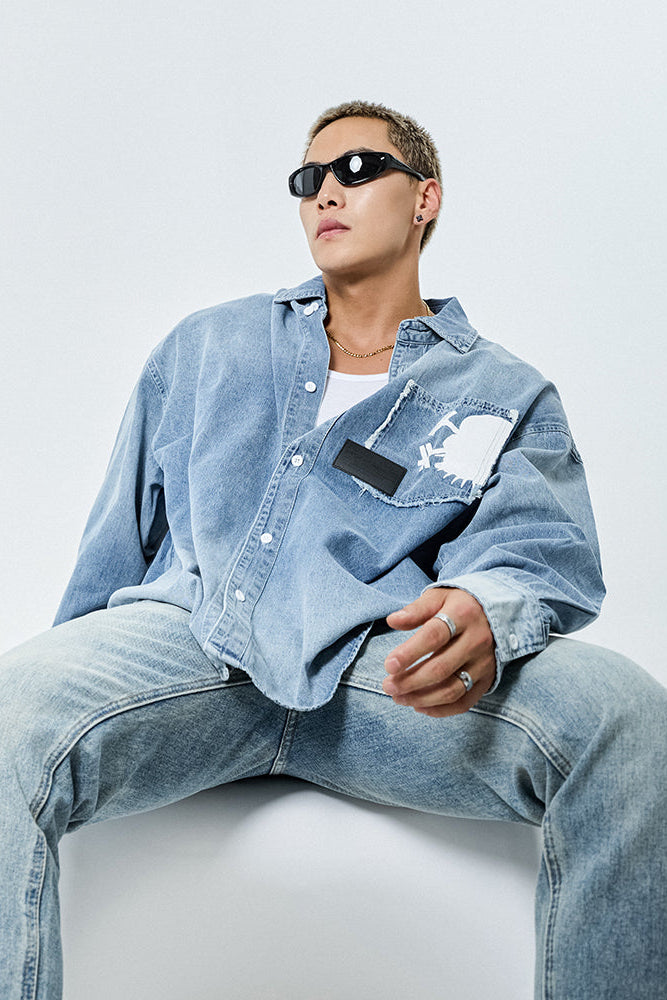 White Logo Loose Denim Shirt #MD050