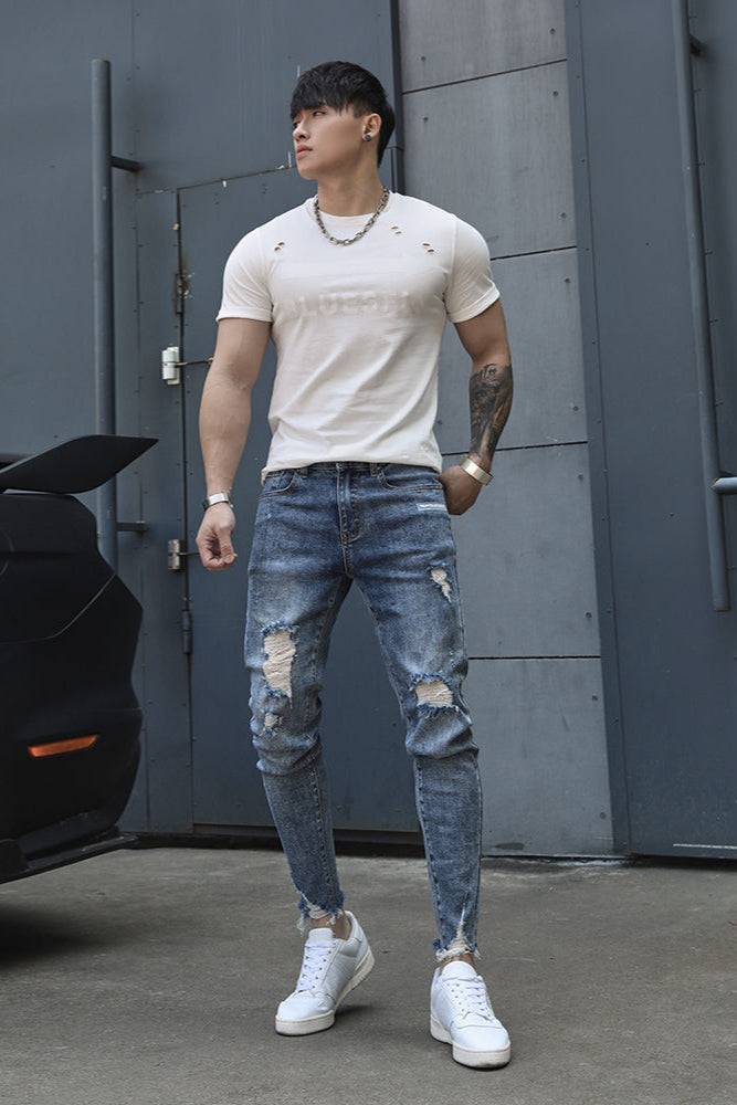 Distressed fitness elastic jeans #BF067