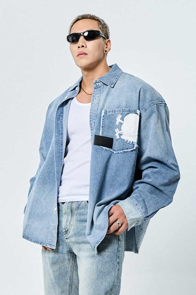 White Logo Loose Denim Shirt #MD050