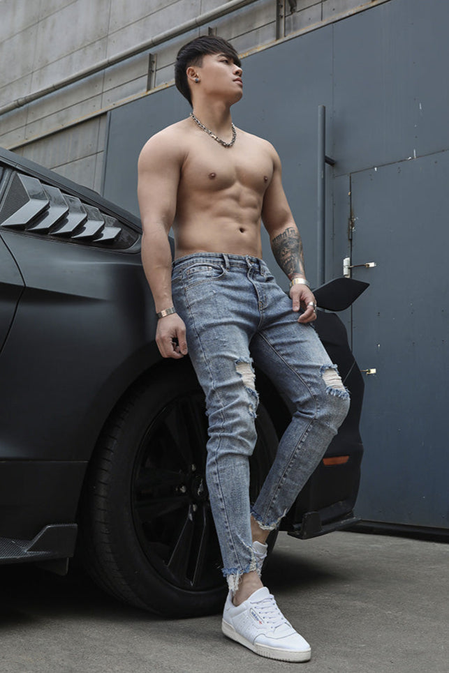 Distressed fitness elastic jeans #BF067