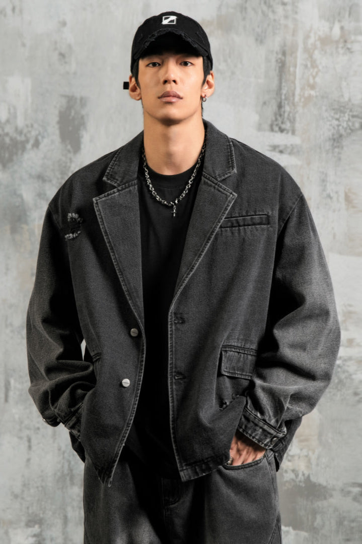 Suit collar vintage denim jacket #LM013