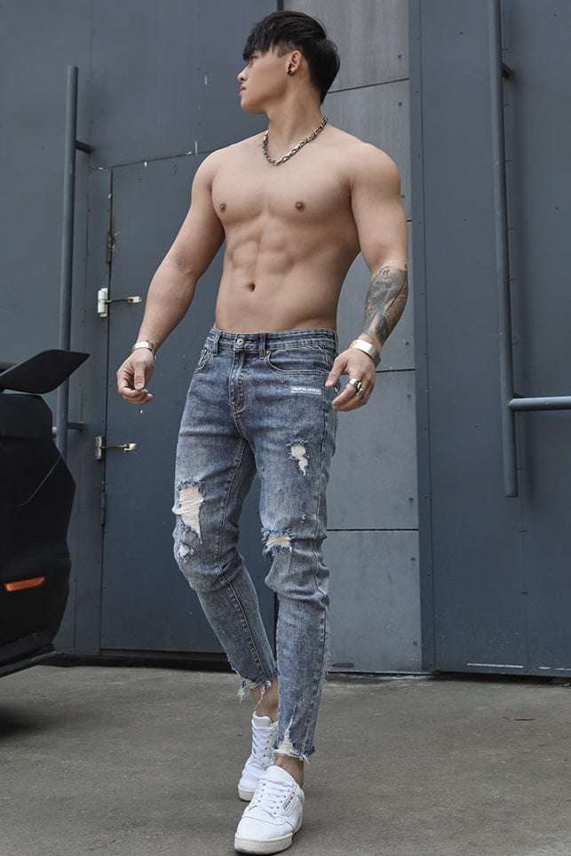Distressed fitness elastic jeans #BF067