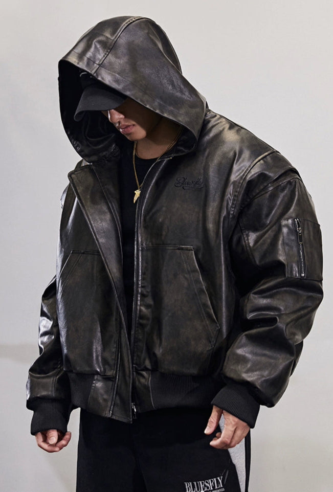 Retro hooded faux leather jacket #BF025