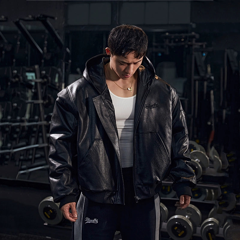 Retro hooded faux leather jacket #BF025