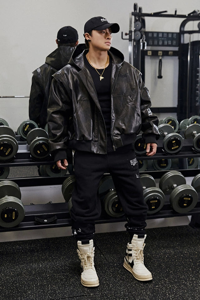 Retro hooded faux leather jacket #BF025