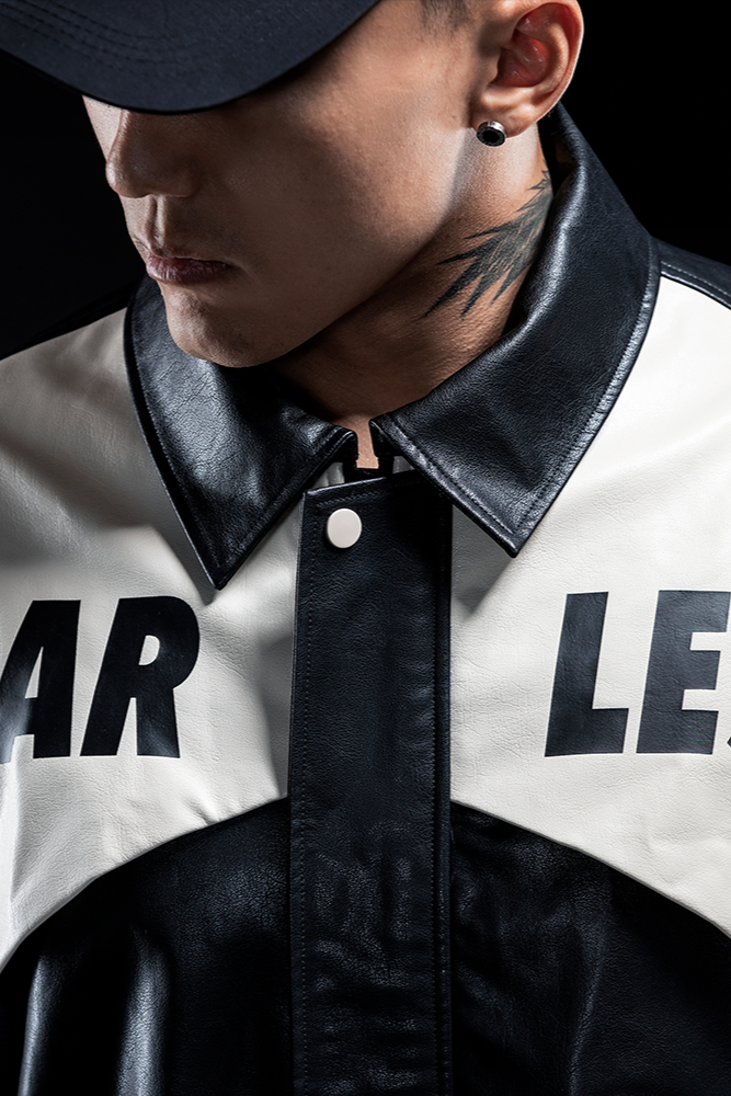 Contrast Biker fake Leather Jacket #MG008
