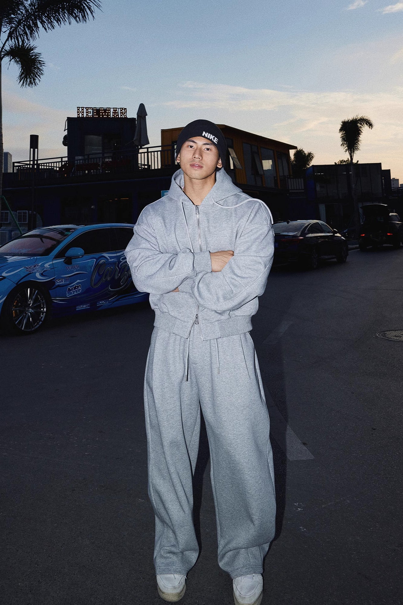 Cropped Double Zipper Hoodie And Wide-Leg Sweatpants #PM001