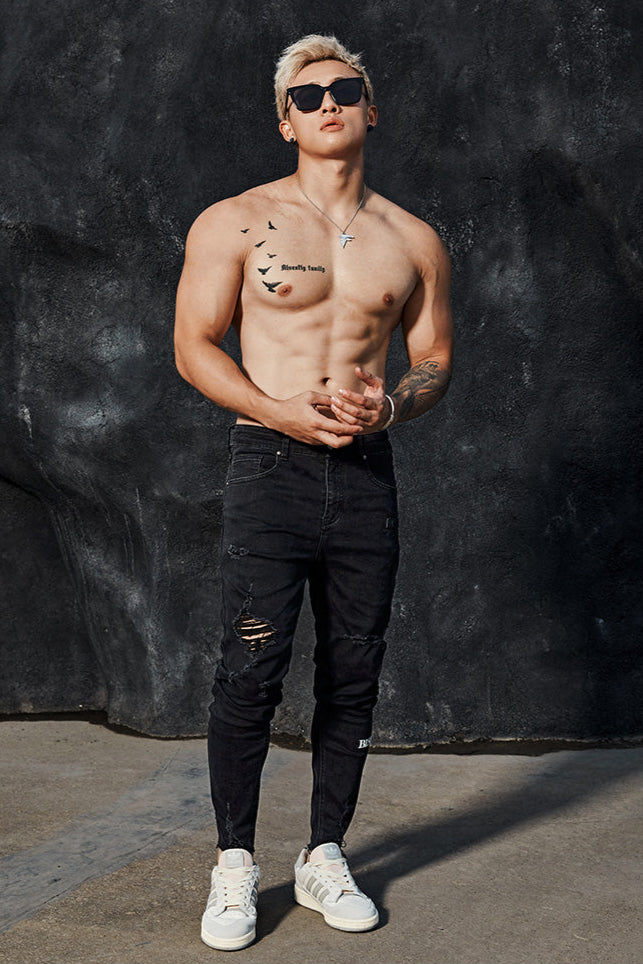 Distressed fitness black jeans #BF068