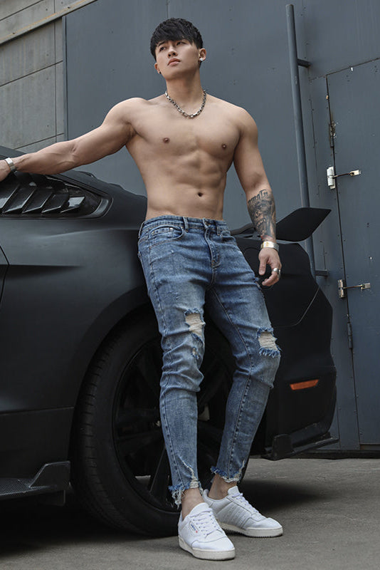 Distressed fitness elastic jeans #BF067