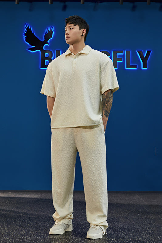Waffle polo shirt and loose Sweatpants set #BF060