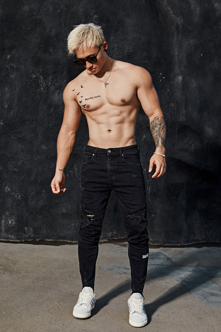 Distressed fitness black jeans #BF068