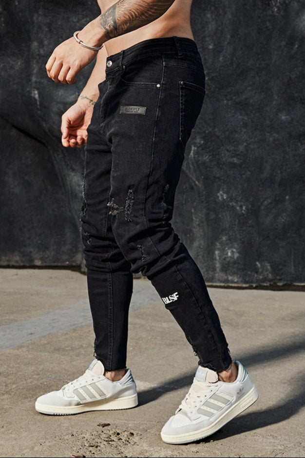 Distressed fitness black jeans #BF068