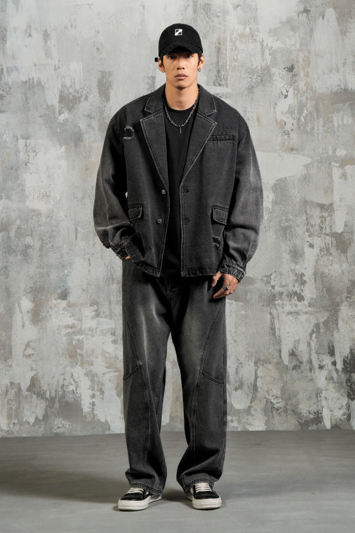 Suit collar vintage denim jacket #LM013