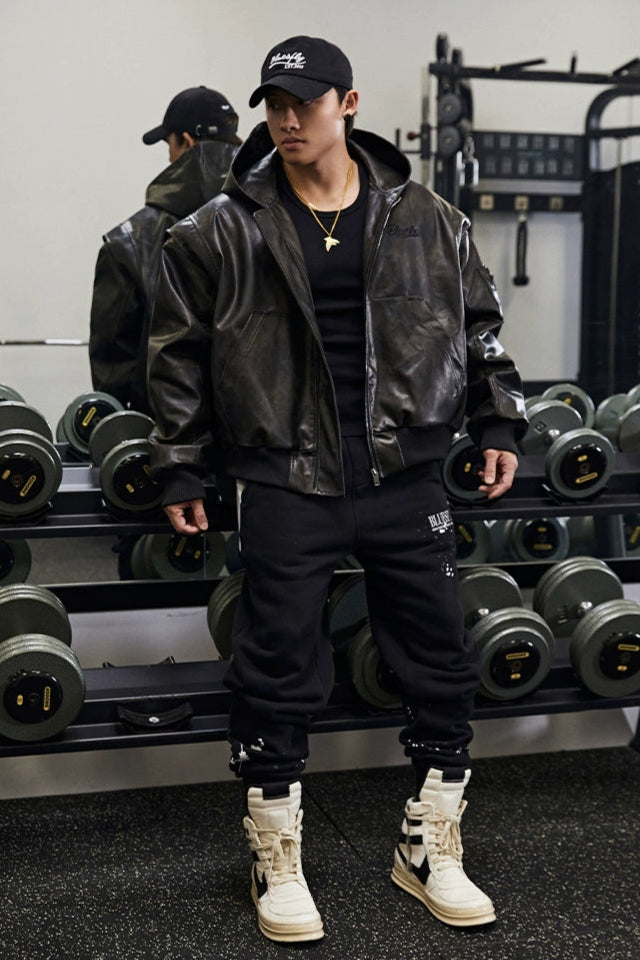 Retro hooded faux leather jacket #BF025