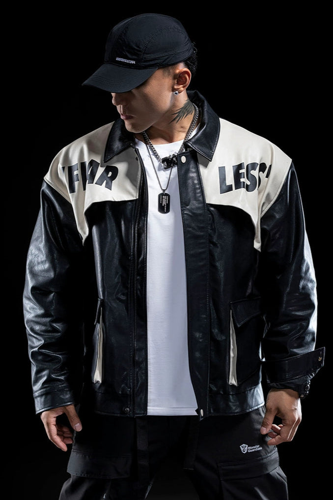 Contrast Biker fake Leather Jacket #MG008