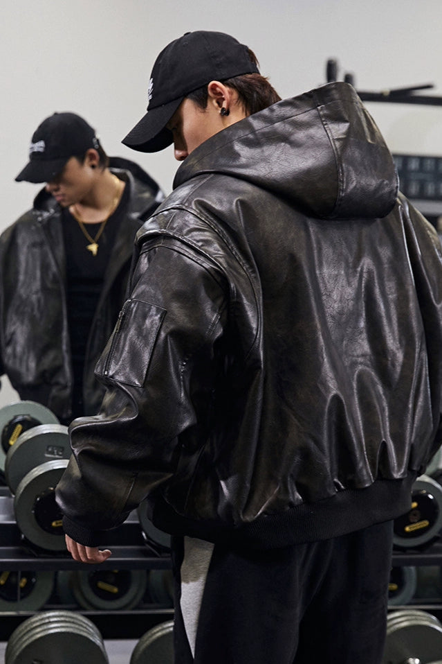 Retro hooded faux leather jacket #BF025