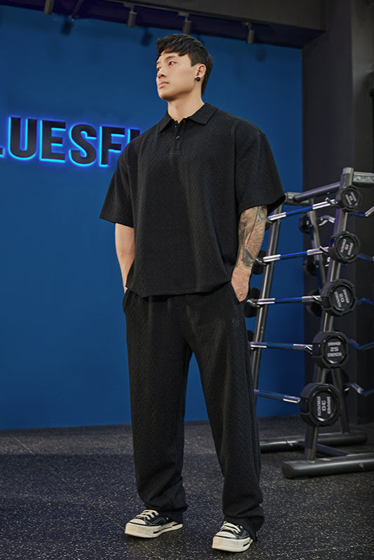 Waffle polo shirt and loose Sweatpants set #BF060