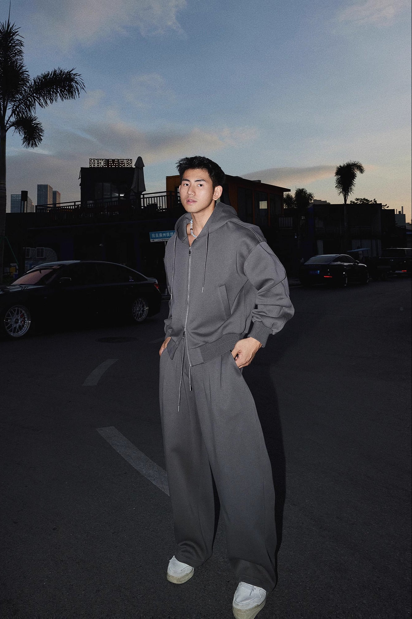 Cropped Double Zipper Hoodie And Wide-Leg Sweatpants #PM001