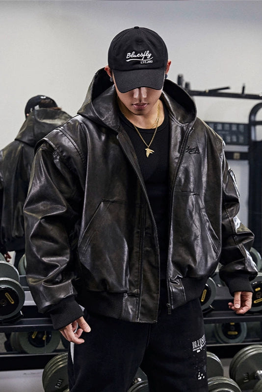 Retro hooded faux leather jacket #BF025