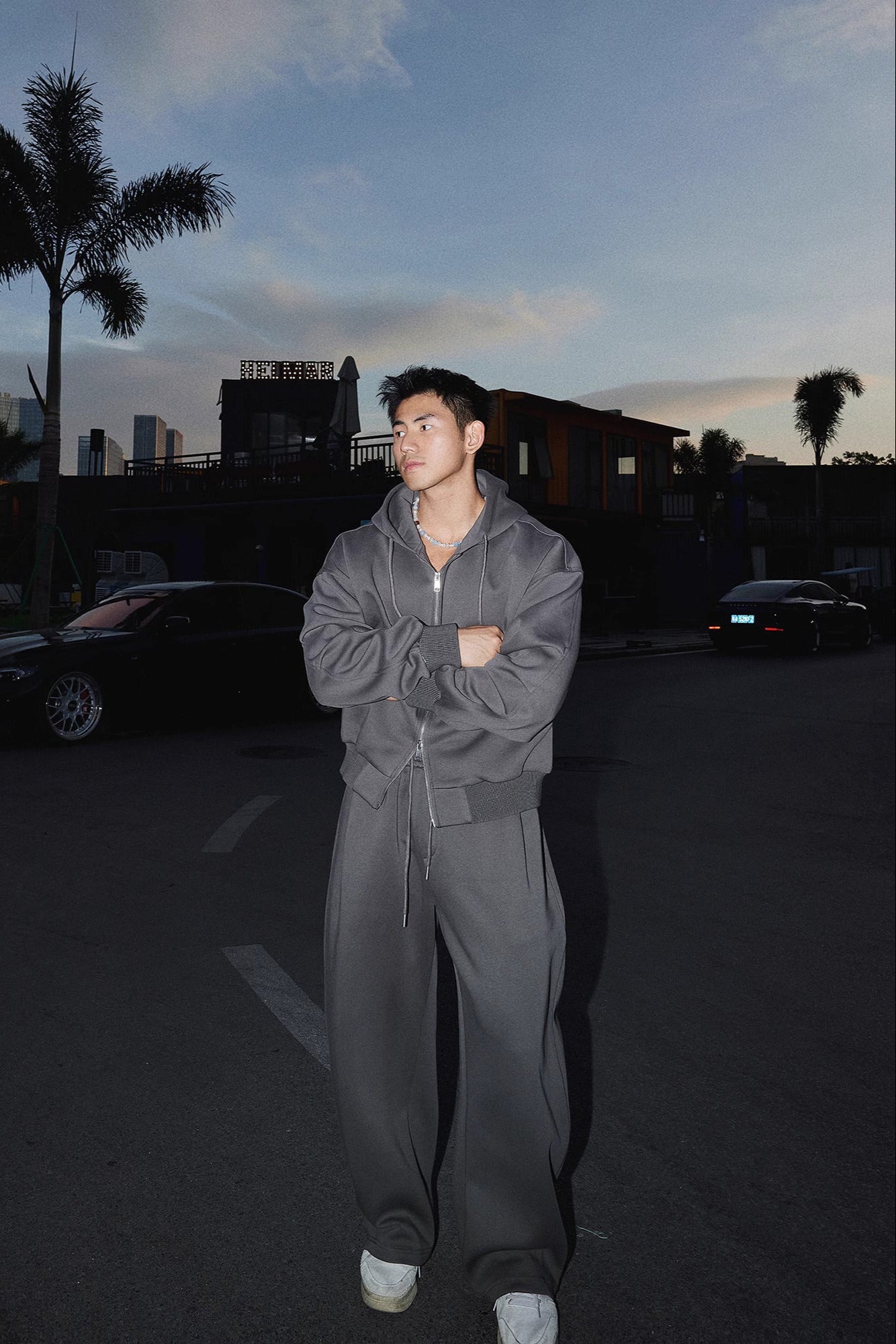 Cropped Double Zipper Hoodie And Wide-Leg Sweatpants #PM001