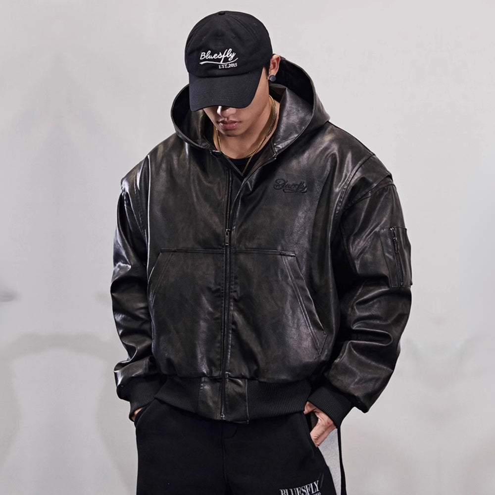 Retro hooded faux leather jacket #BF025