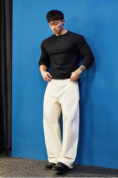 Stretch Ribbed Henley Longsleeve  #BF158