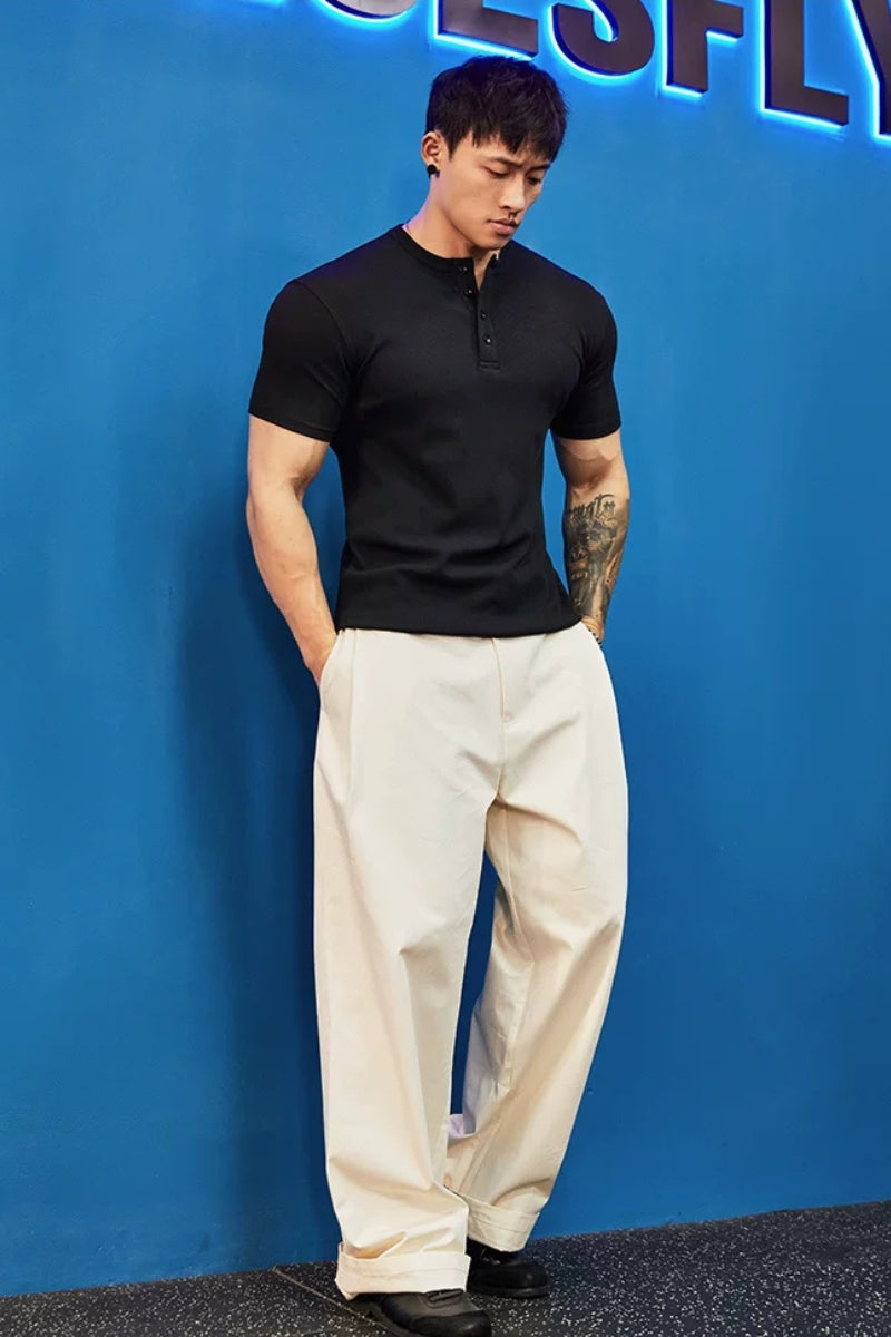 Stretch Ribbed Henley T-Shirt  #BF157