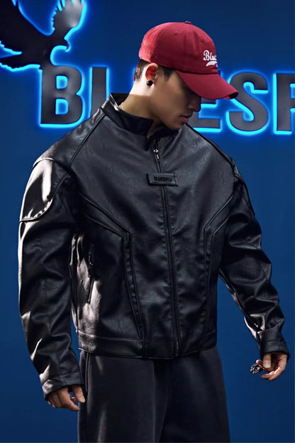 Collarless zipper faux leather jacket  #BF039