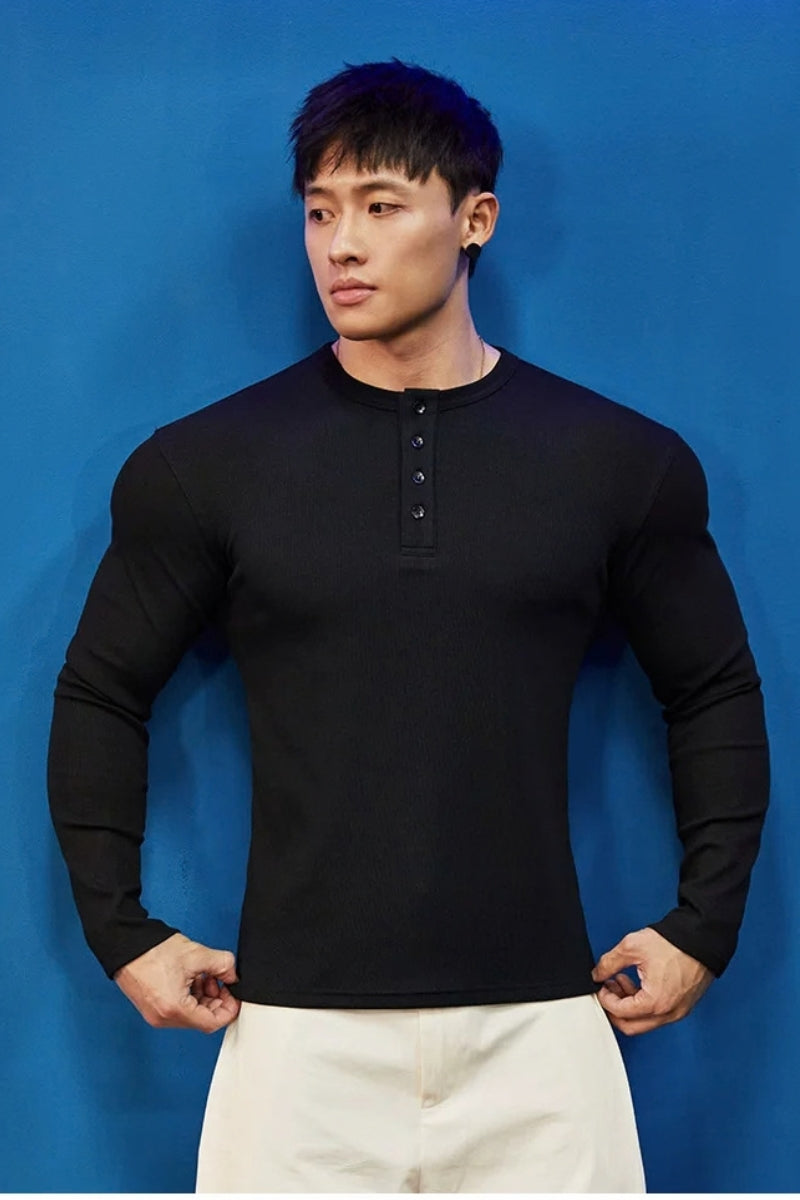 Stretch Ribbed Henley Longsleeve  #BF158