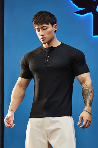 Stretch Ribbed Henley T-Shirt  #BF157