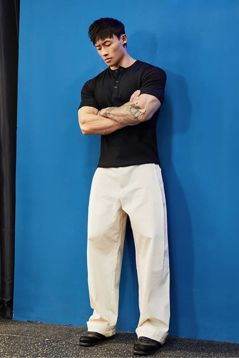 Stretch Ribbed Henley T-Shirt  #BF157