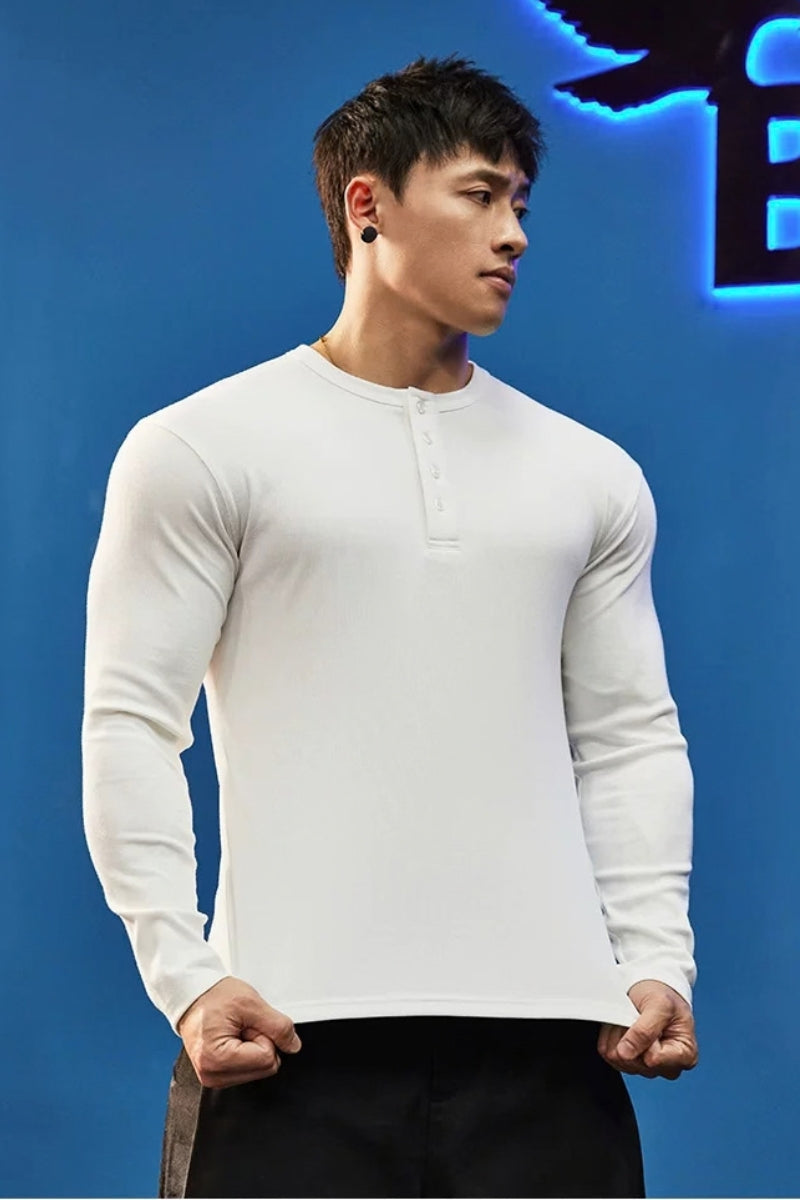 Stretch Ribbed Henley Longsleeve  #BF158