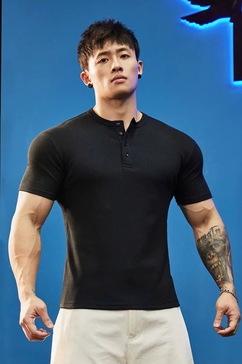 Stretch Ribbed Henley T-Shirt  #BF157