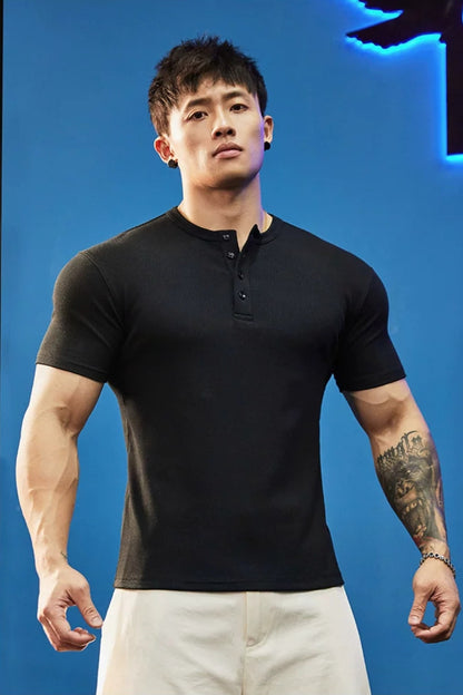 Stretch Ribbed Henley T-Shirt  #BF157