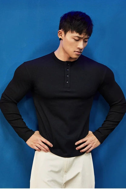 Stretch Ribbed Henley Longsleeve  #BF158