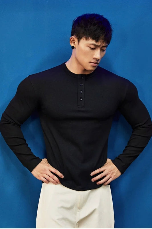 Stretch Ribbed Henley Longsleeve  #BF158