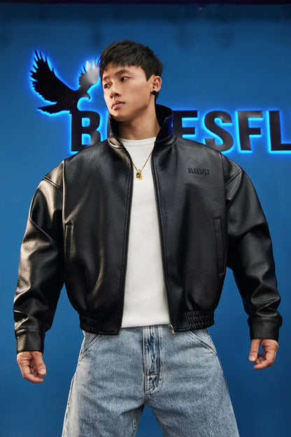 High Collar Faux Leather Blouson  #BF168