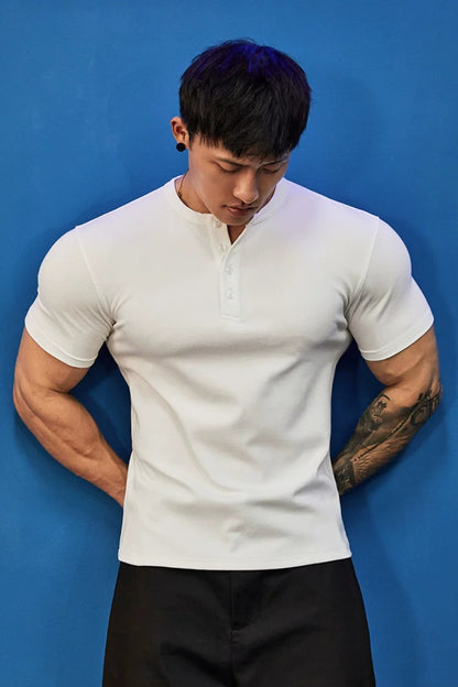 Stretch Ribbed Henley T-Shirt  #BF157
