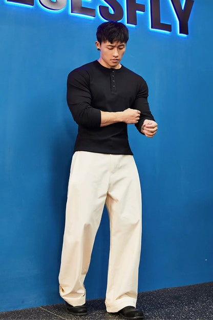 Stretch Ribbed Henley Longsleeve  #BF158